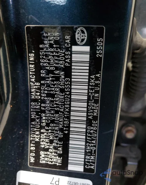 2016 Toyota Camry Le из США, поврежденный, VIN 4T1BF1FK8GU245553